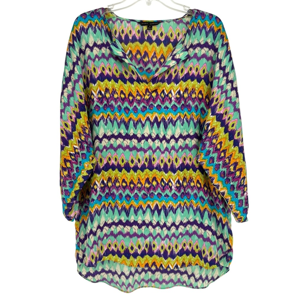 Dora Landa 100% Silk Ikat Geometric Tunic Boho Luxe Artsy Colorful Women M